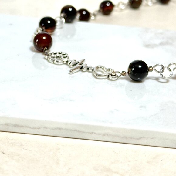 Genuine Dark Brown Agate Necklace, Natural Gemstone & Paw Print Heart Beat Charm - Picture 6 of 14